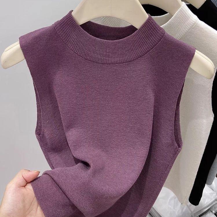 Versatile Sweater Knitted Slim Solid Color Base Layer Camisole Tank Top High Neck Short Outer Wear Sleeveless Top