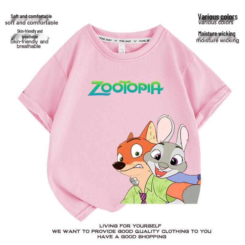 Kids' Zootopia Cartoon T-Shirt - Short Sleeve, Pure Cotton, Stylish Summer Top for Boys and Girls