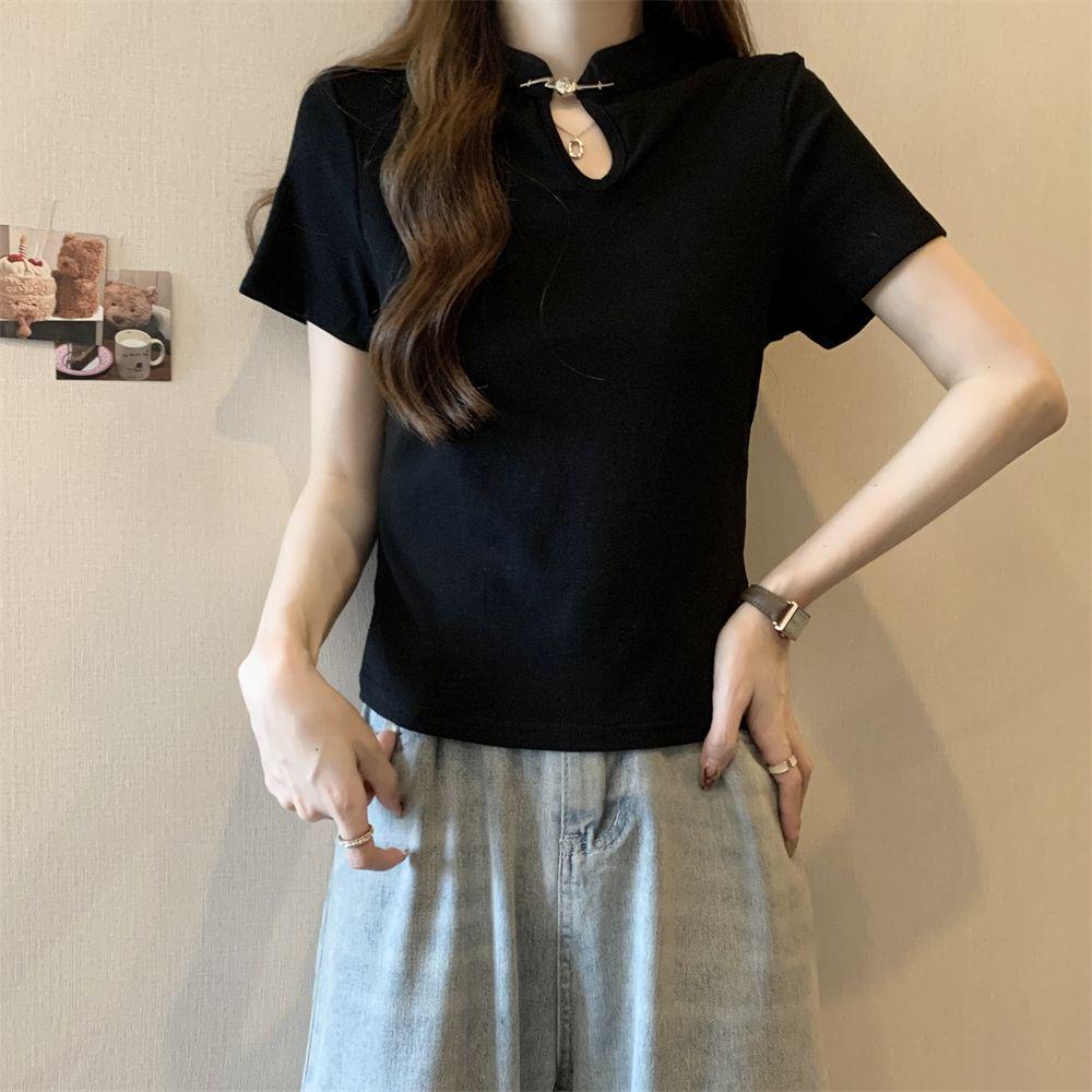 

Women s Summer Slim Fit Short Sleeve T-Shirt with Korean Style Pan Kou Design Small