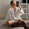 2023 Women's Sparkle Sequin Tops Shimmer Glitter Loose Party Shirt Button Down V Neck Blouse Clubwear Y2K Streetweatr