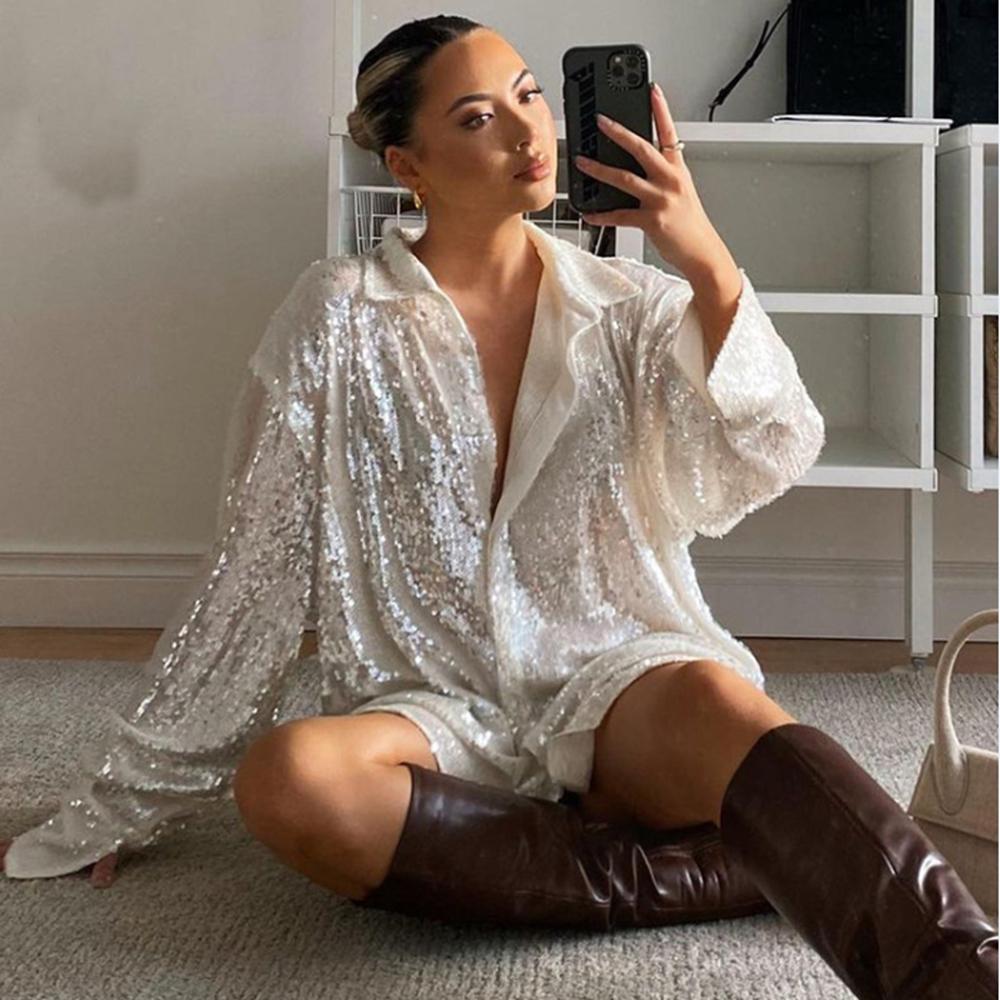 2023 Women's Sparkle Sequin Tops Shimmer Glitter Loose Party Shirt Button Down V Neck Blouse Clubwear Y2K Streetweatr