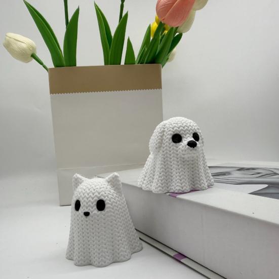 Jijijing 3D Printed Ghost Dog/Cat Figurine Ornaments, Knitted Texture Halloween Animal Decorations, Small Cute Puppy/Kitten Gifts for Home Desk
