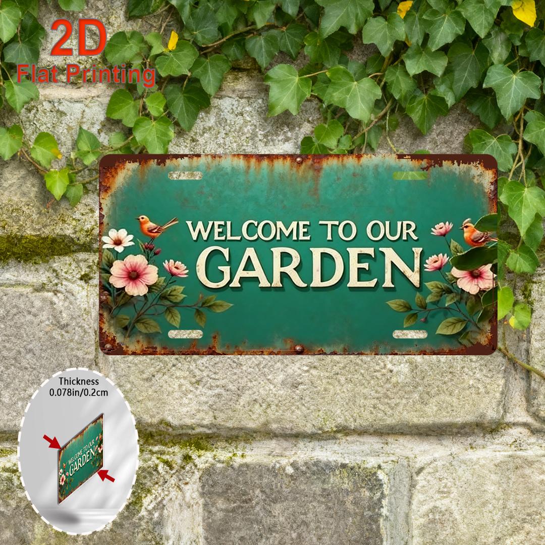 

D Flat Printing Vintage Distressed WELCOME TO OUR GARDEN with Floral Bird Illustration Aluminum Tin Painting License Plate 15x30cm(5.9x7.8inch)