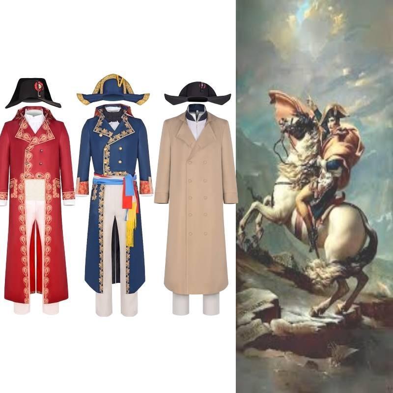 2023 Napoleon Cosplay Costume Retro Medieval Court Vintage Polyester Red Coat Hat For Halloween