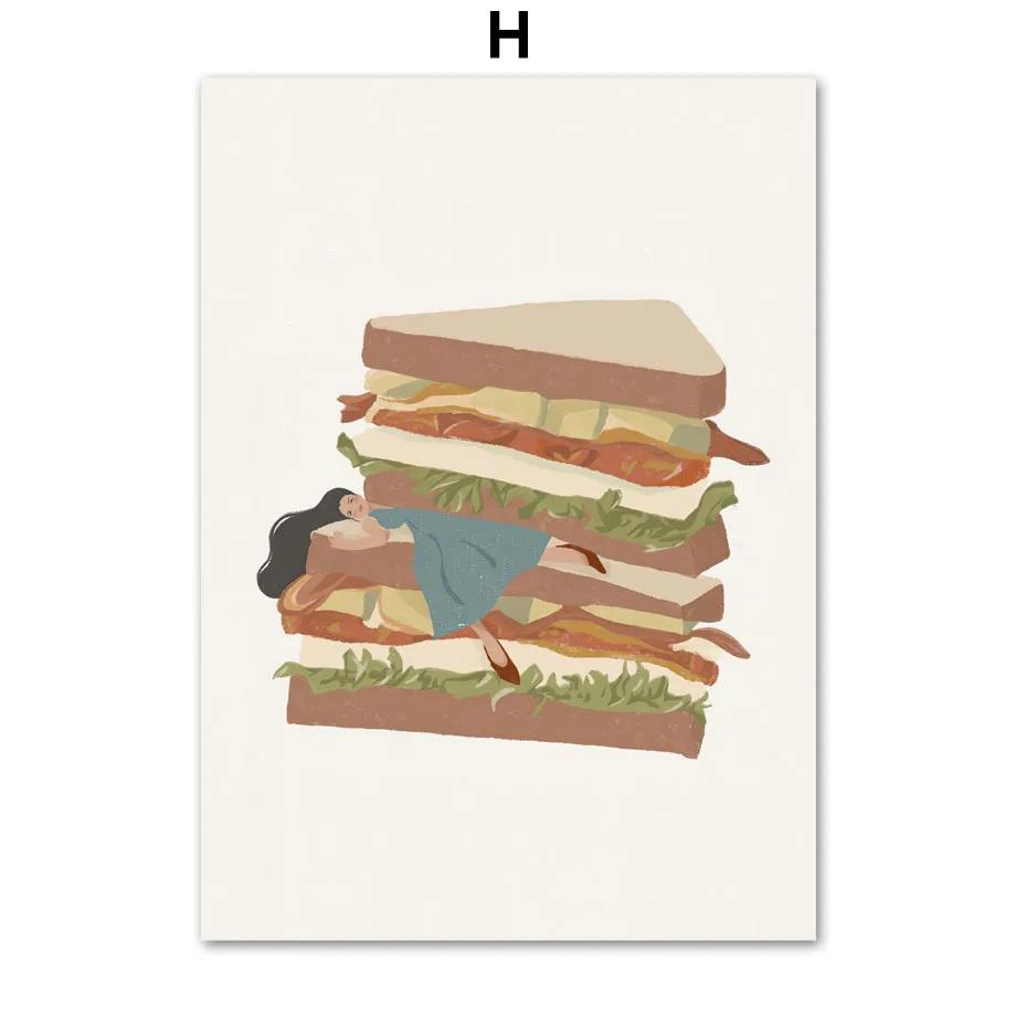 Funny Abstract Wall Art Canvas Painting, Red Wine Coffee, Sandwich Girl, Posters and Prints, Pictures for Living Room Decor