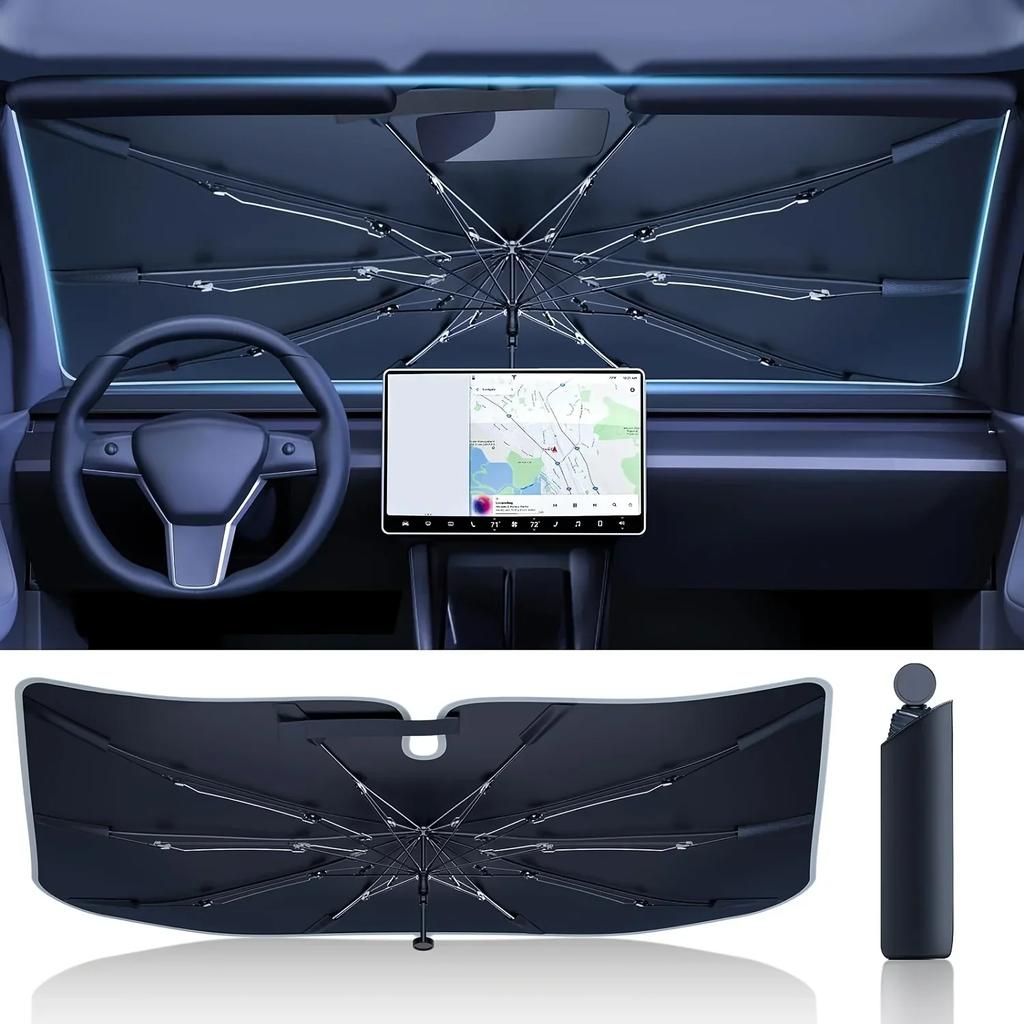 Windshield Sun Shade with 360° Pull Cord Anti-Scratch Handle - Upgraded Sunshade for Car Windshield with Double-Layer Fabric