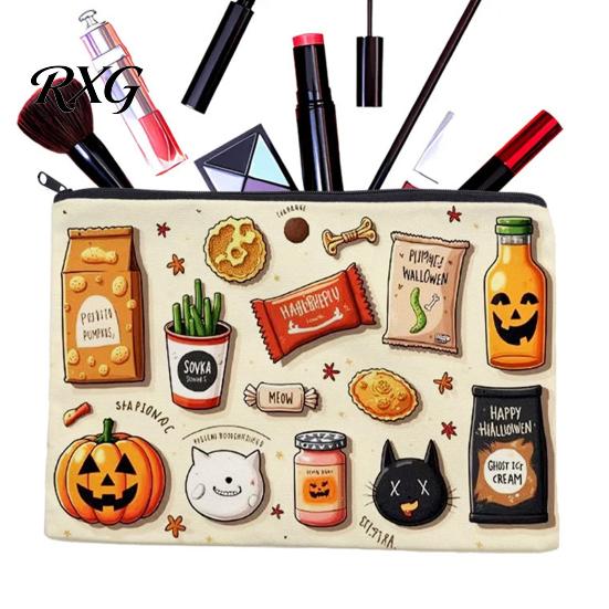 Cartoon Brush Holder Halloween Theme Cosmetic Bag, Durable Canvas Zipper Makeup Pouch, Digital Print Pouch Portable Storage for Stationery And