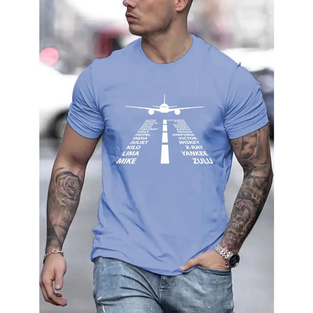 Airplane Graphic Print Men's Fashionable Summer Short Sleeve Sports Crew Neck T-shirt, Comfortable And Versatile Clothes