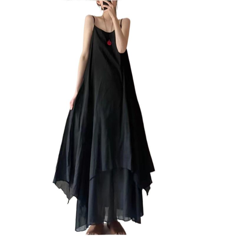 Xia's New Minimalist Extended Suspender Skirt Irregular Curved Hem Double-layer Elegant Long Dress Dress