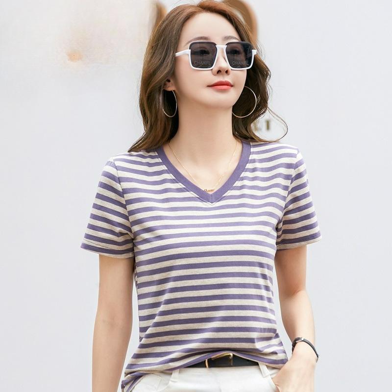 Contrast Color V-neck Retro Literary Short-sleeved T-shirt Women's Western Style Blouse Summer Bottoming Shirt