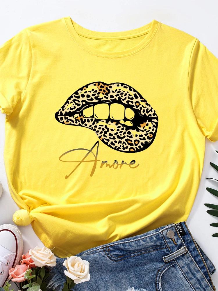 Amore Leopard Lip Print Women T Shirt Short Sleeve O Neck Loose Women Tshirt Ladies Tee Shirt Tops Clothes Camisetas Mujer