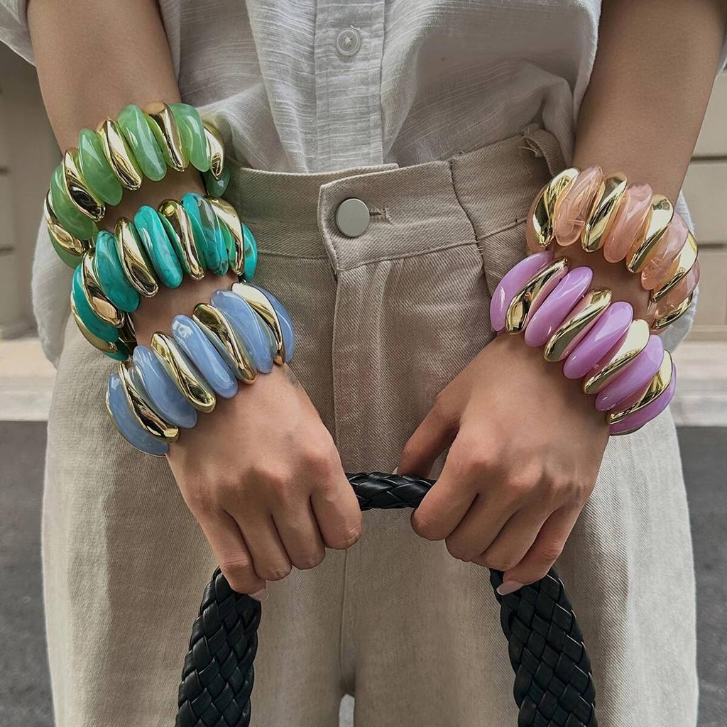Salircon 10 Colors Vintage Thick Resin Acrylic Irregular Bangles for Women Geometric Wide Chunky Elastic Bracelets Hand Jewelry