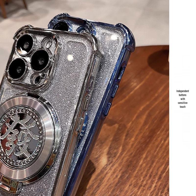 Apple XR/XS/XS Max Glitter Chinese Style Phone Case with Gyroscope Stand & Full Coverage Lens Film