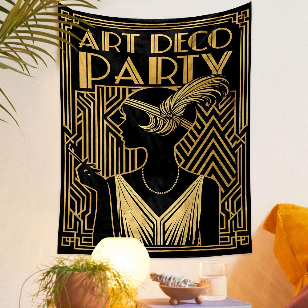 Art Deco style with geometric patterns, gold accents, and vintage elegance. Patterned tapestry for bedroom and living room home decor