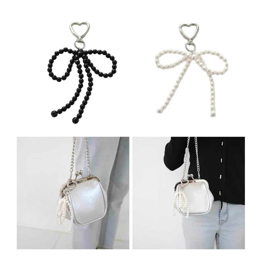 Bowknot Heart Pendant Keychain Beaded Phone Charm Detachable Bow Phone Lanyard Handmade Keyring Jewelry for Wallet Bags