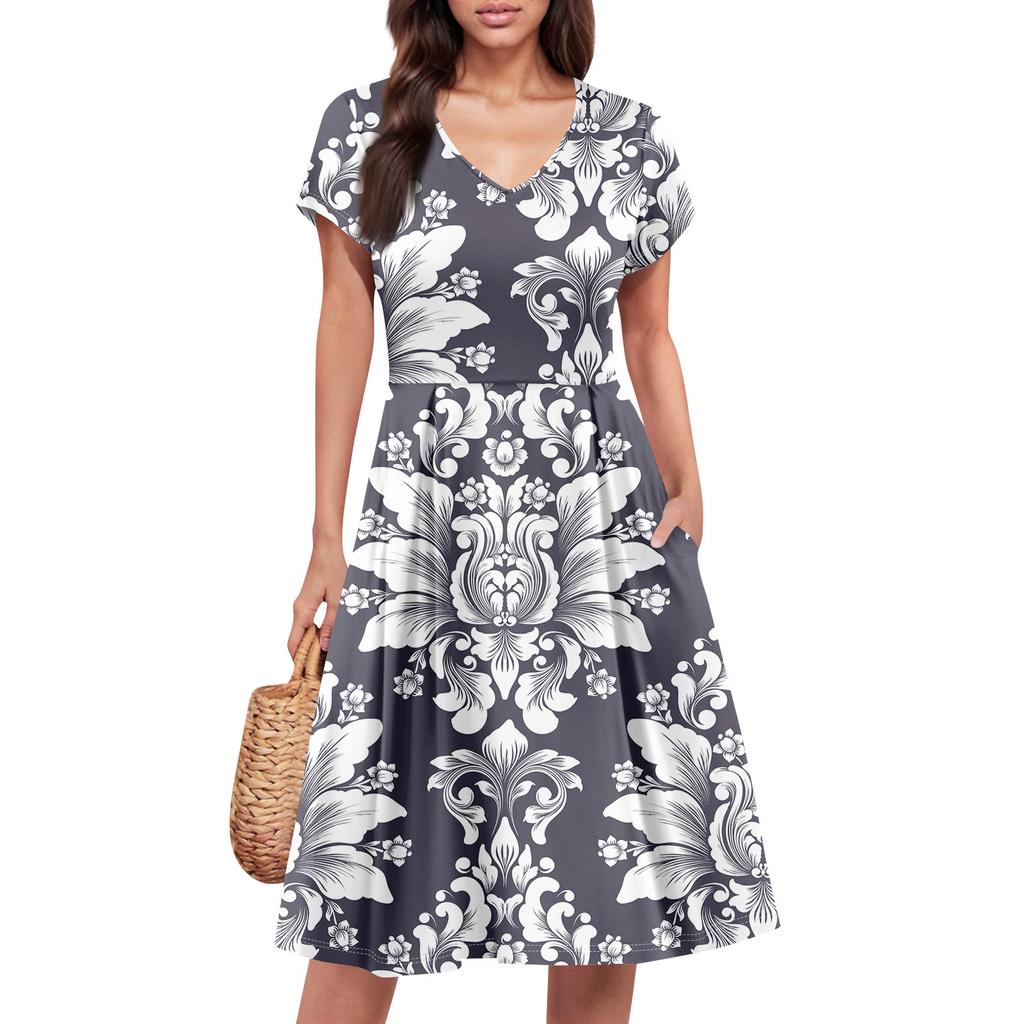 Womens Summer Dress Short Sleeve V Neck Short Dresses Fashion Casual Flowy A Line Swing Sundress With Pocket