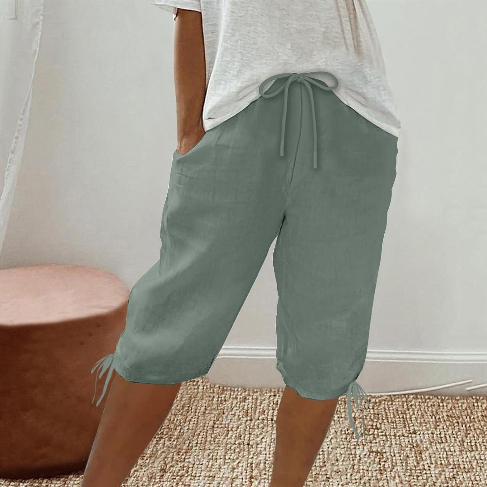 

Брюки-капри для женщин, полубрюки с высокой талией, повседневные шорты до колена на шнурке с карманами M зелёный