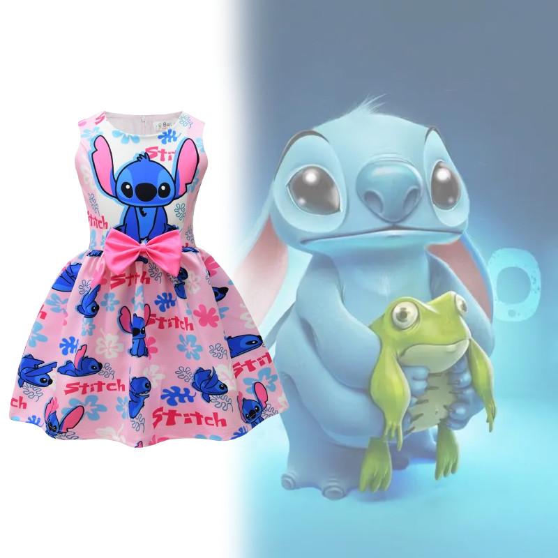 Lilo Stitch Girl Dress With Cotton Blend Fabric And Cartoon Pattern For Kids Ages 3 To 8