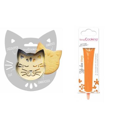Kit para biscoito em relevo Gato + Caneta de chocolate laranja
