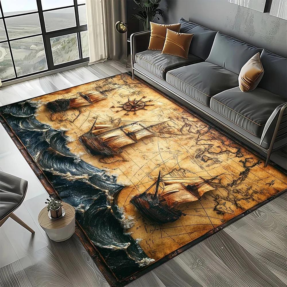 Retro Marine Nautical Chart Compass Carpet Rug for Home Living Room Bedroom Sofa Doormat Decor,Non-slip Floor Mat