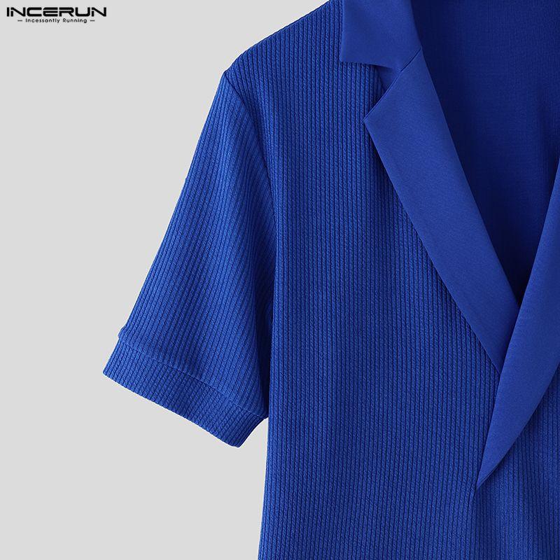 INCERUN Summer Men V Neck Short Sleeve Striped Rib Casual T-shirts Tops
