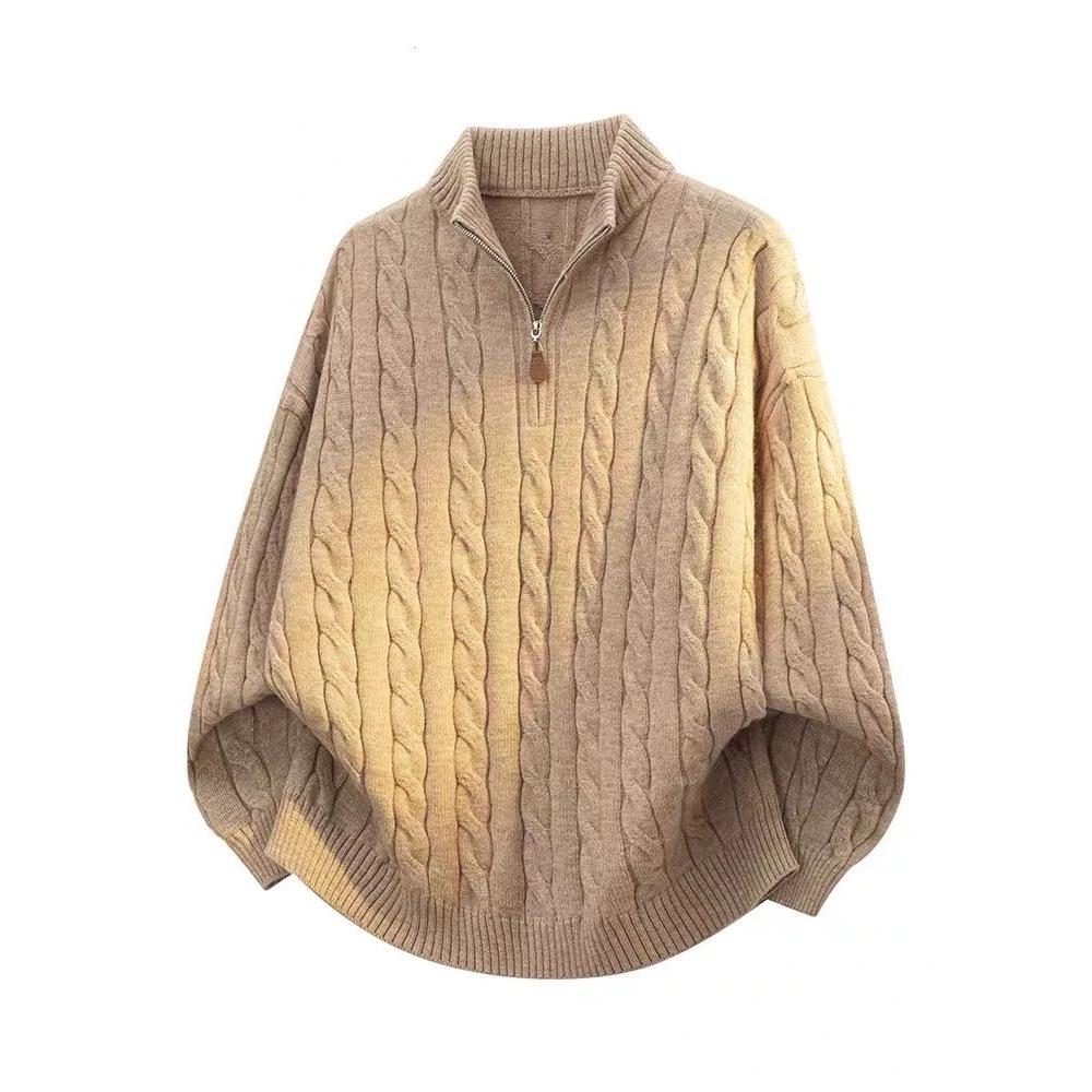 Gestrickter Herbst-Winter-Zopfmuster-Polo-Pullover: Halbzipp-Pullover mit hohem Kragen für Paare