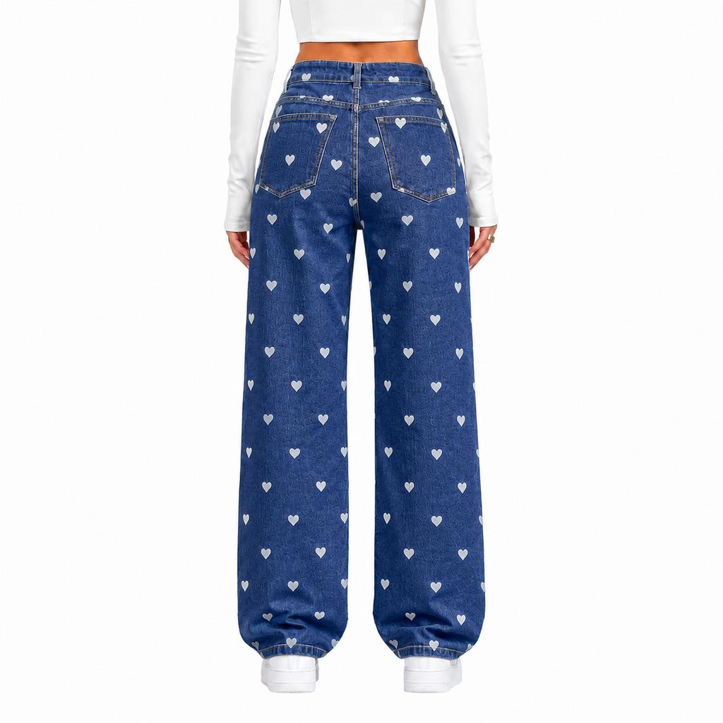 Jeans da Donna a Vita Alta Elasticizzati Slim Fit a Gamba Larga con Fantasia a Cuori per Uso Casual Quotidiano