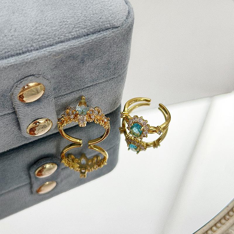 Light Luxury Court Style Gold Blue-Green Colored Treasure Open Ring Full Of Diamonds Zircon Gorgeous Jewelry Stacked With High-End Rings