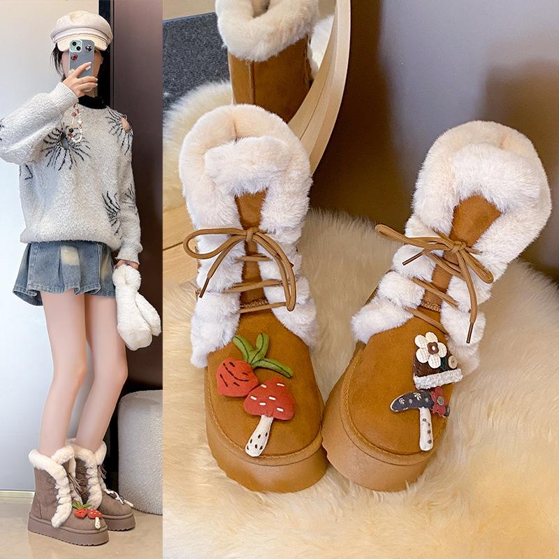 Women's Lace-up Large Size Thick Sole Winter Warm Fur Snow Boots Padded Lined Ankle Boots Anti-slip Hiking Sports Cotton Boots
