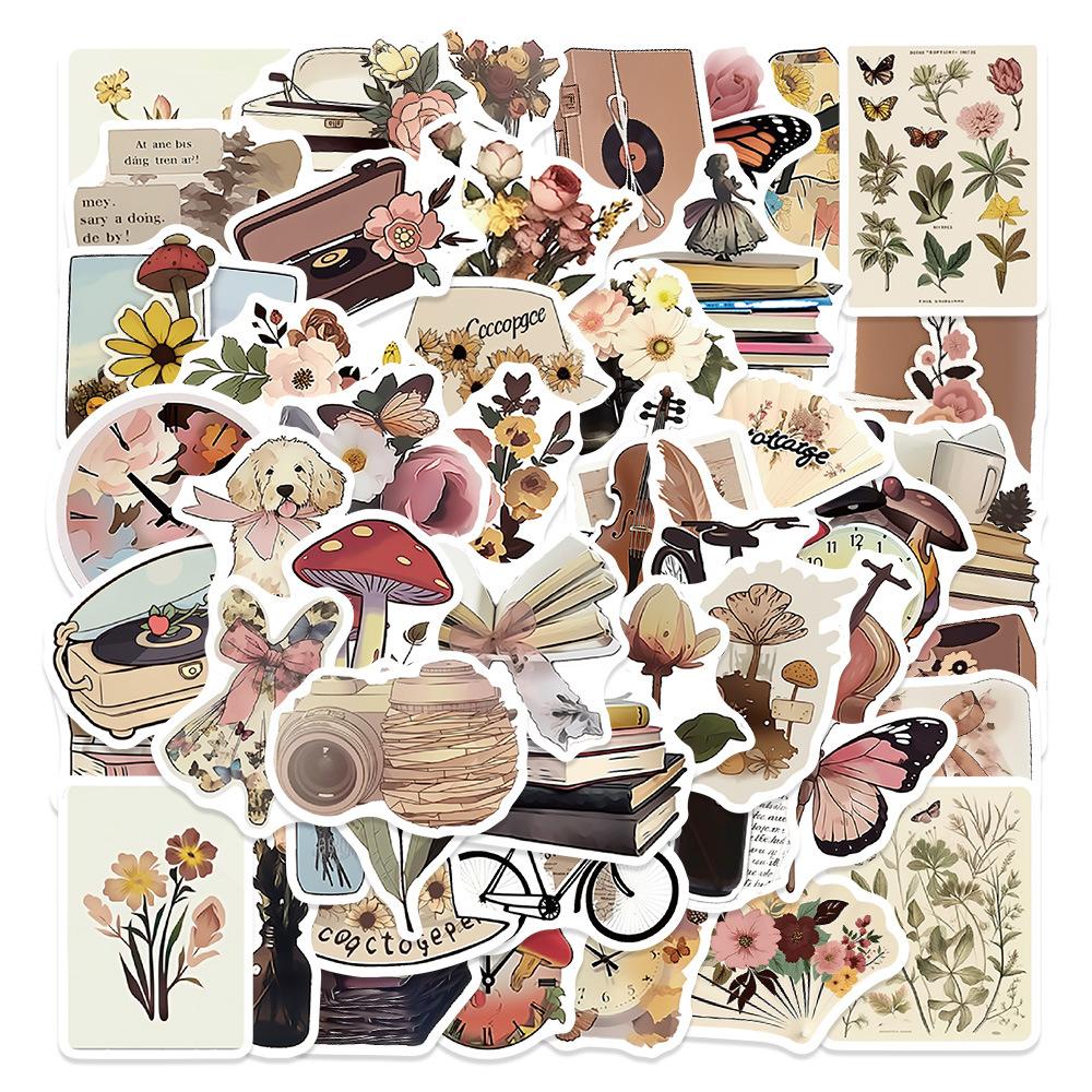 50pcs Vintage Animal Flower PVC Sticker Aesthetic Children's Stationery DIY Decoration Scrapbooking School Supplies