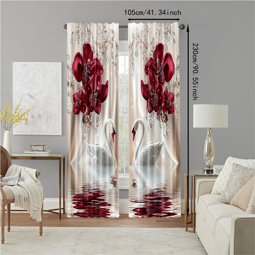2Pcs Digital Printed Rod Pocket Window Curtain Swan Flower Pattern Window Drapes For Bedroom Living Room Home Decor Design For