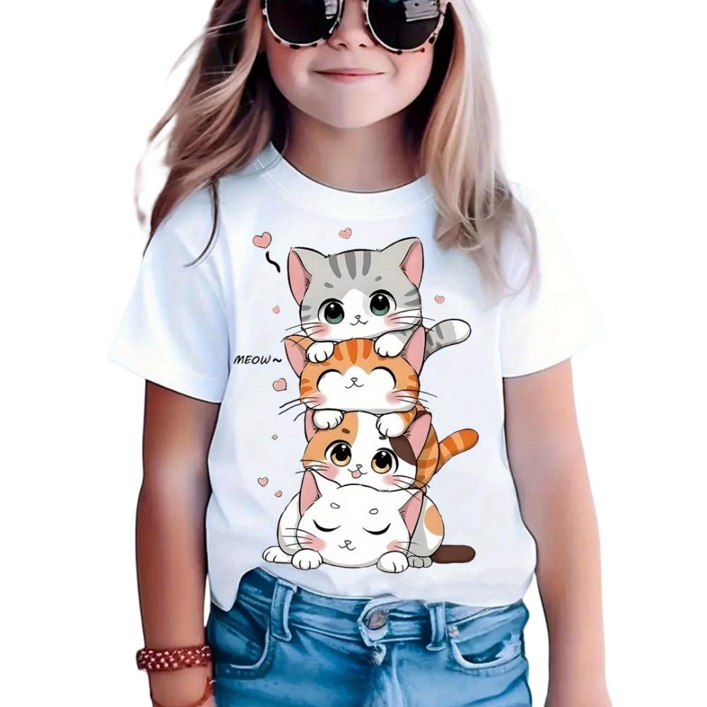 2025 New Girl's T-shirt Fashion Dolphin Children's Clothing Summer Girl's Clothing Cartoon Top Cute Cat Printed T-shirt Children's Clothing