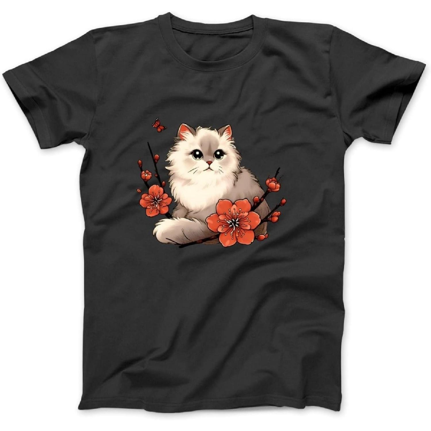 Cat with Cherry Blossoms for Girls, Kawaii Kitten, Cute Cat Long Sleeve T-Shirt Sweatshirt Hoodie for Men Women Kids Made in Canada S