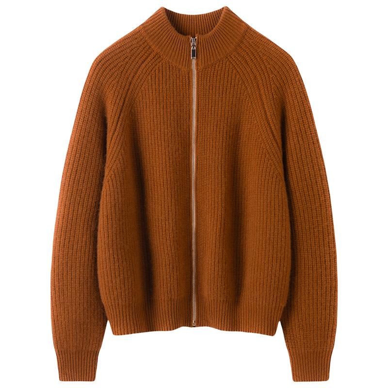 Women's Cashmere Double Zipper Stand Collar Cardigan - Thick Loose Knitwear for Autumn