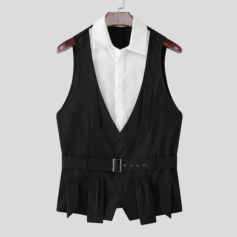 INCERUN Men Lapel Sleeveless Fake Two-piece Belt Waist Vest Waistcoats