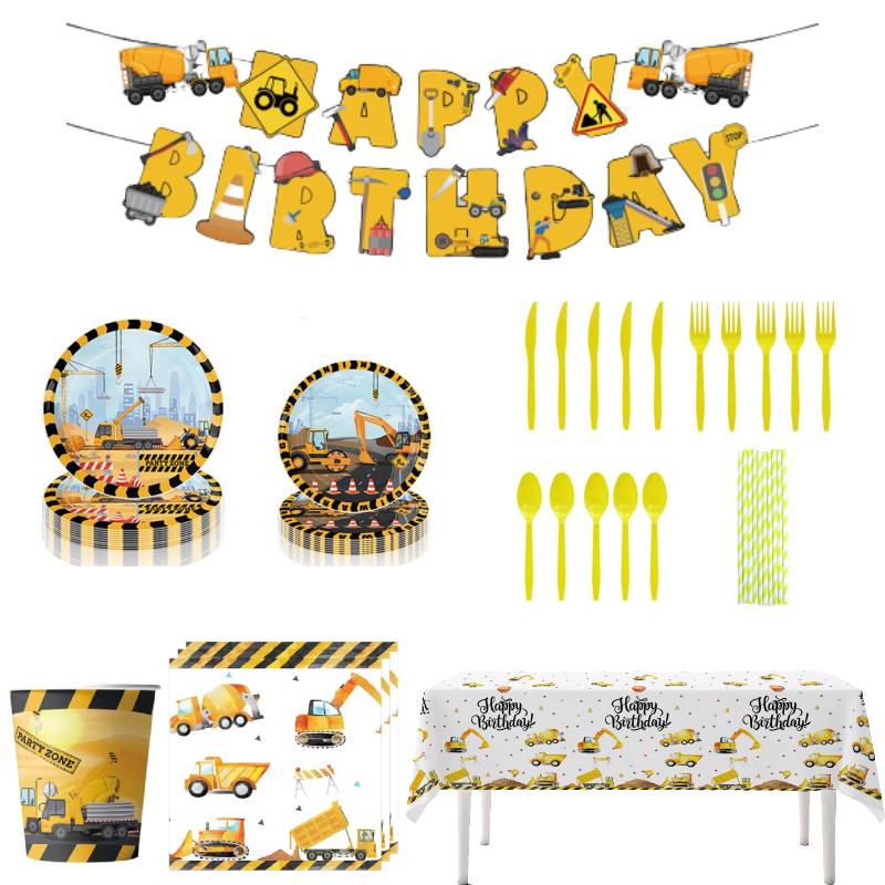 Construction Birthday Themed Party Decoration Supplies Tablecloth Cutlery Banner