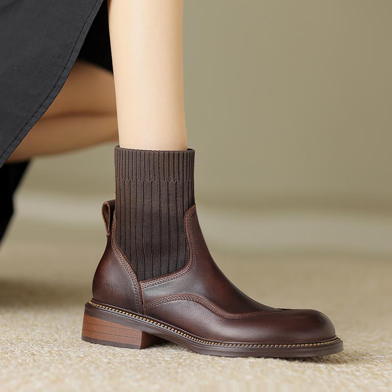 2024 New Vintage Short Boots for Women Genuine Leather Thick High Heels Autumn Winter Shoes Woman Square Toe Basic Office Lady