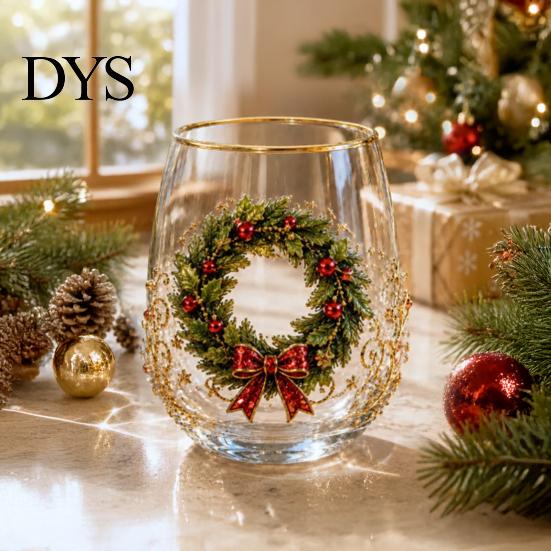 Christmas Themed Water Mug 330ML Glass Cup, Wreath/Santa Claus/Elk/Stockings/Snowman Pattern Holiday Glassware Compact for Breakfast Wine, Coffee,