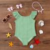 Girls One Piece Swimsuit Striped Print Sleeveless Ruffle Shoulder Swimwear Kids Summer Beachwear Bathing Suit for Children