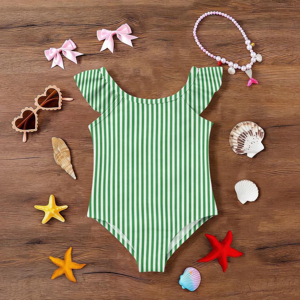 Girls One Piece Swimsuit Striped Print Sleeveless Ruffle Shoulder Swimwear Kids Summer Beachwear Bathing Suit for Children
