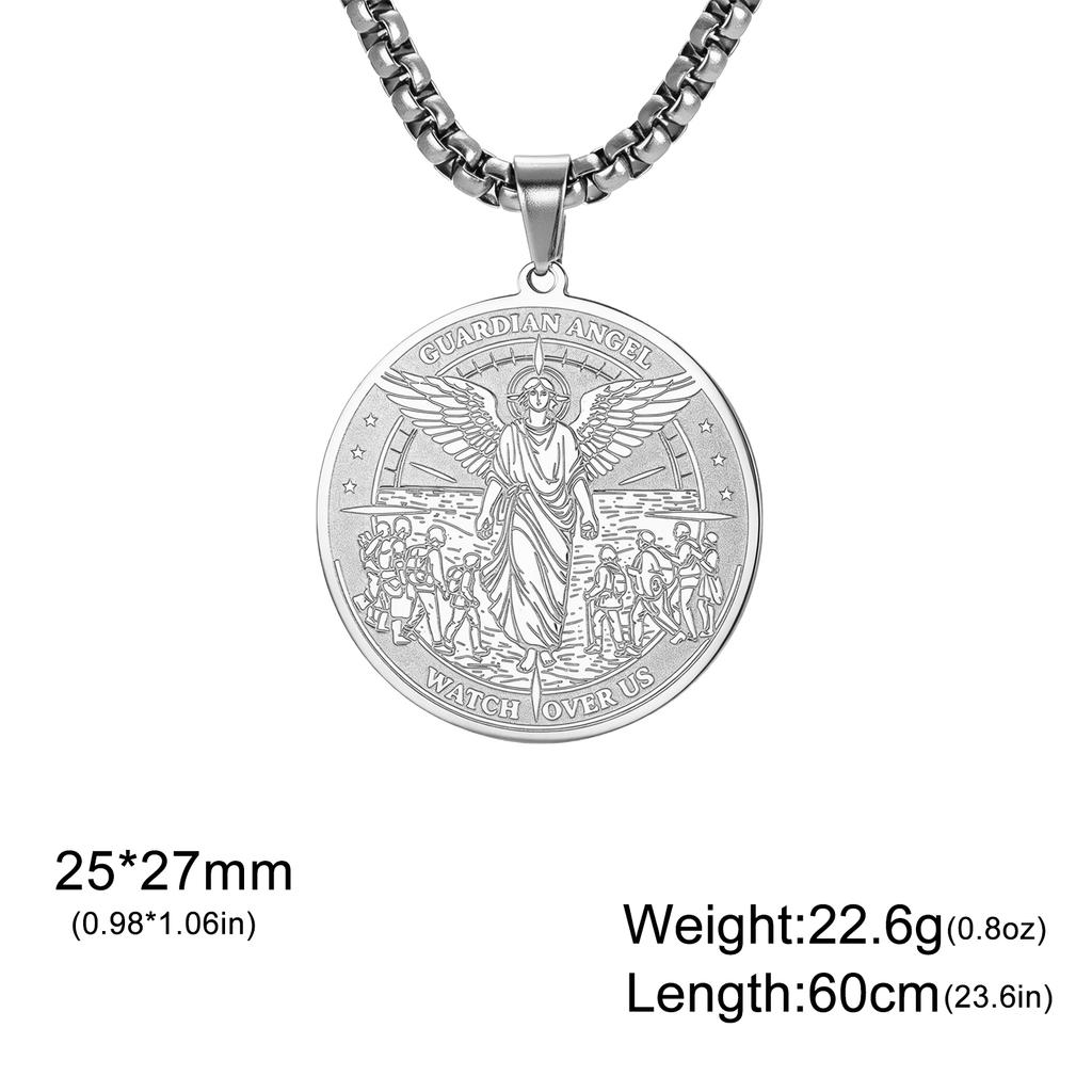 Guardian Angel Coin Pendant Necklace Stainless Steel Engraved Christian Catholic Protective Amulet Medal Jewelry For Men Women