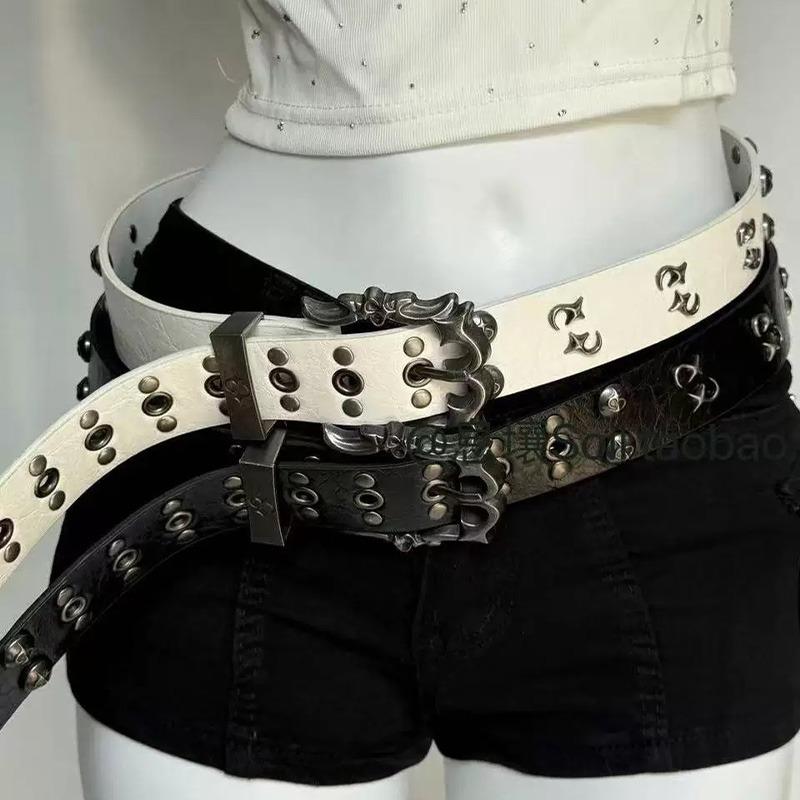 Vintage Studded Buckle Belts Punk Dark Rivet Carved Metal Buckle Belt for Women Men Fashion Waistband Jeans Dress Accessories