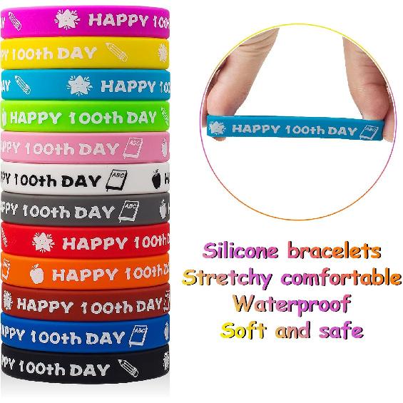 36PCS Happy 100th Day Bracelets Colorful Silicone Wristbands Cute 100th Day of School Gifts Rubber Bracelets for School Classroom Party Favors Supply