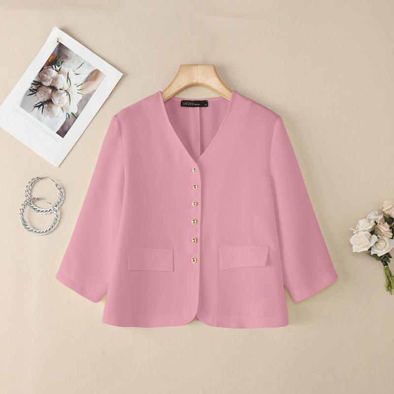 ZANZEA Blusa casual de manga 3/4 de color sólido con cuello en V para mujer