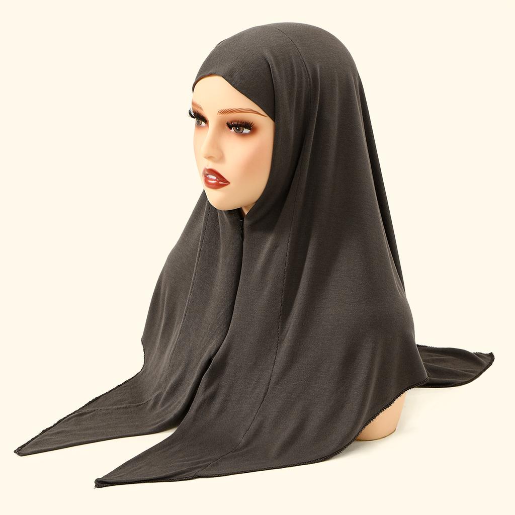 Zipper Design Muslim Hijab Solid Gray Instant Scarf Practical & Modest Islamic Headscarf for Women's Ethnic Fashion & Daily Use