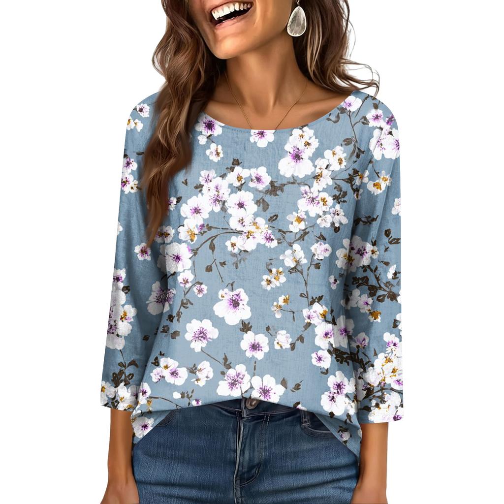 Women's Fashionable Casual Round Neck  3/4 Sleeve  Printed T-Shirt Top