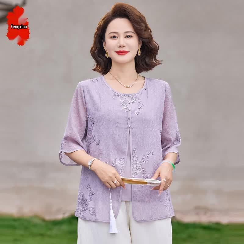 Mom s Elegant Embroidered Summer Short Sleeve T-Shirt Blouse XL