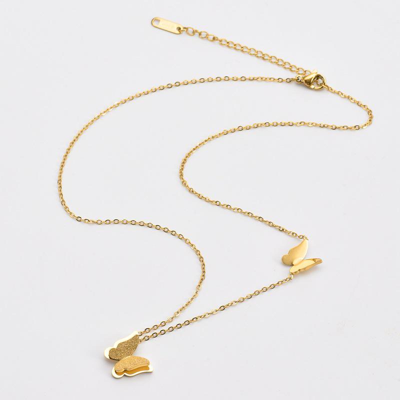 Women's Titanium Steel Gold-Plated Double Butterfly Pendant Necklace - Frosted, Colorfast, Lightweight, Trendy Design.