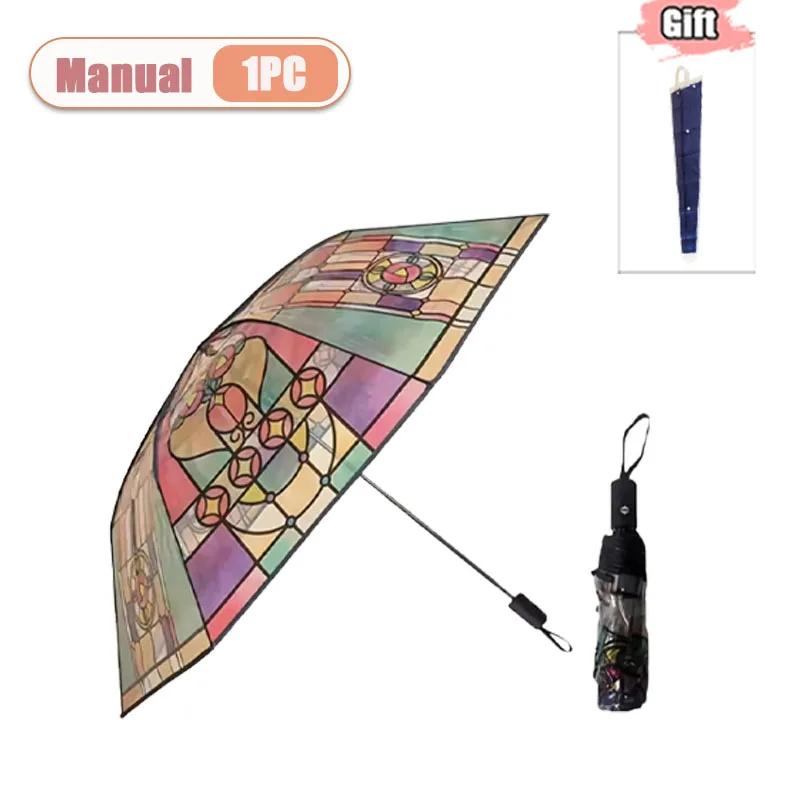 

1/2/3PCS Hand-Painted Transparent Umbrellas Stained Glass Print Long Handle Romantic Unisex Rain Sun Protection Parasol metal-fiber composite&8K