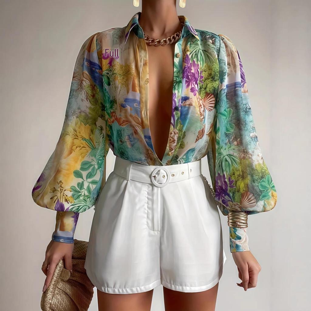 Elegant Semi-Transparant Shirt met revers & Lantaarnmouwen - Perfect voor Lente & Herfst